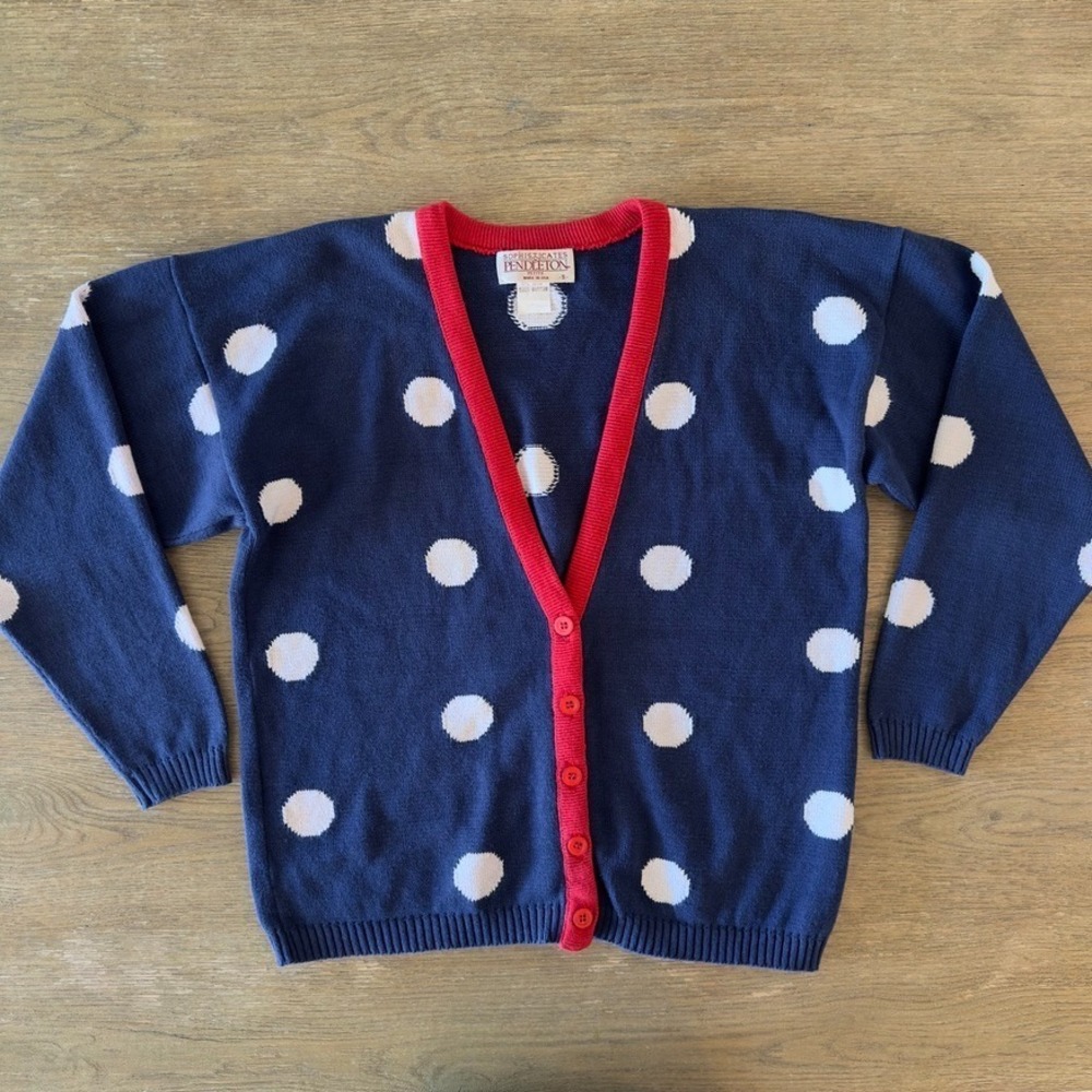 VTG Women's Pendleton Cardigan Sweater Polka‎ Dots-Thick 100% Cotton Knit-Size S